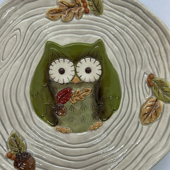 Grasslands Road OWL PLATES Woodgrain Tree Stump Leaves Set of 2 NEW WITH TAG - Picture 4 of 7